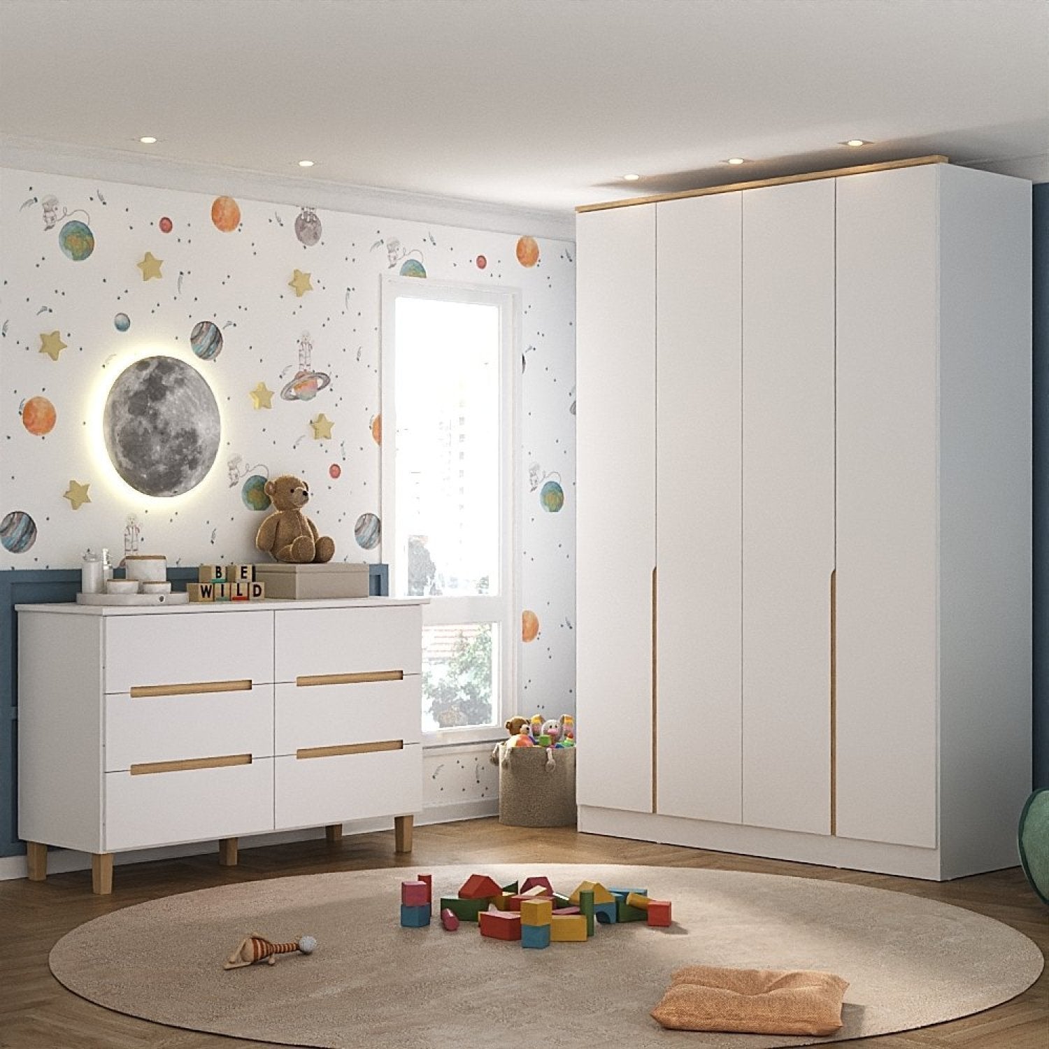 Quarto Infantil Completo Guarda-Roupa e Cômoda Sky Yescasa Branco/Olmo Italiano