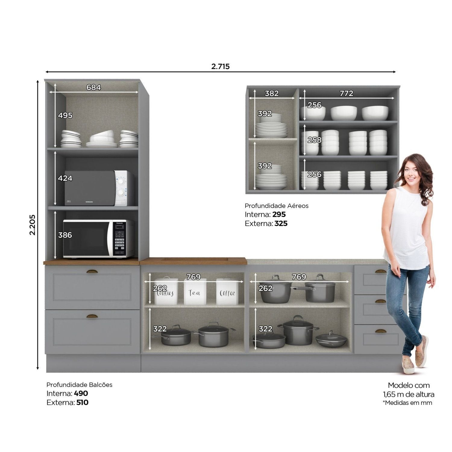 Cozinha Completa Modulada 9 Portas 5 Gavetas Emily Cinza/Nature Espresso Móveis