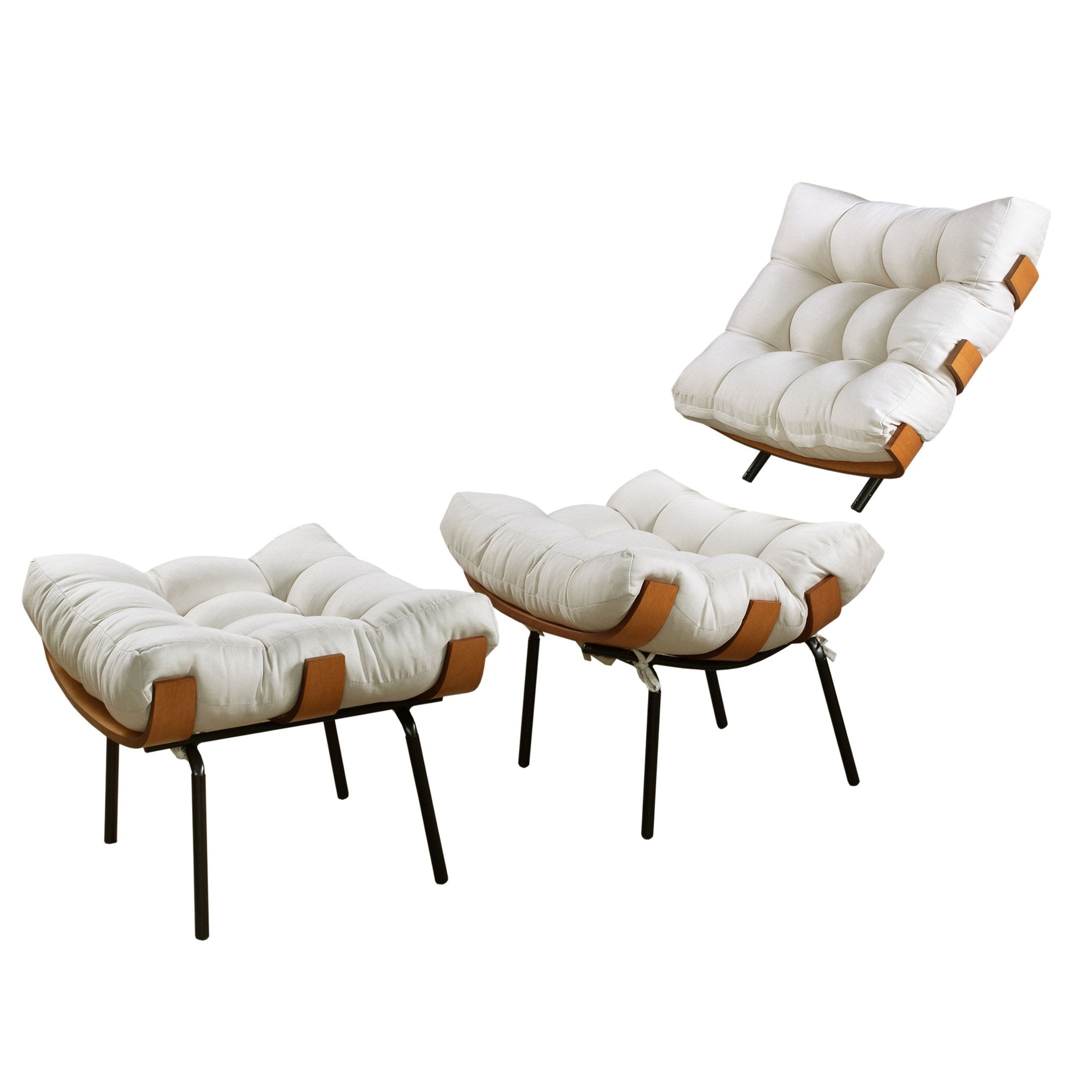Poltrona com Puff em Linho Costela Bege/Off White 67cm House Deccor