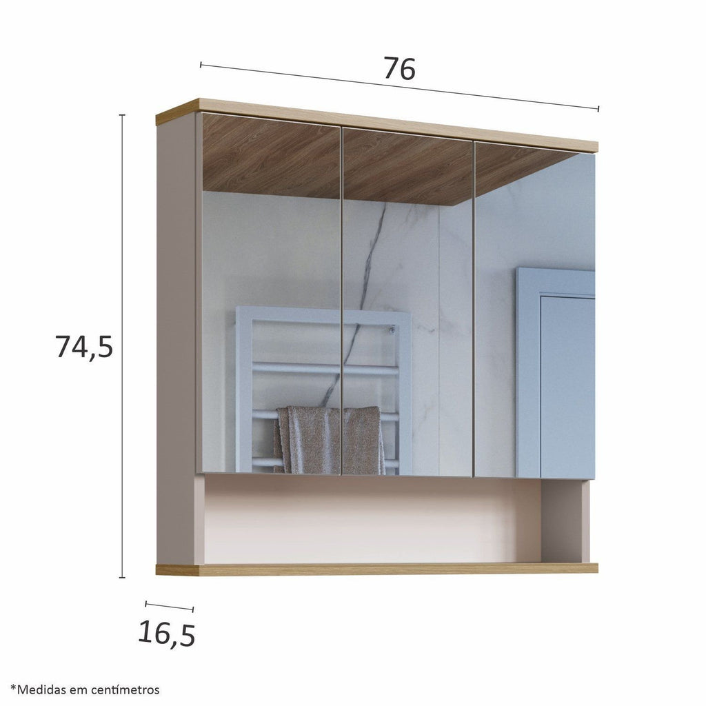 Armário Espelheira para Banheiro Athlone Estilare 3 Portas com Prateleira 76cm Bege/Nude