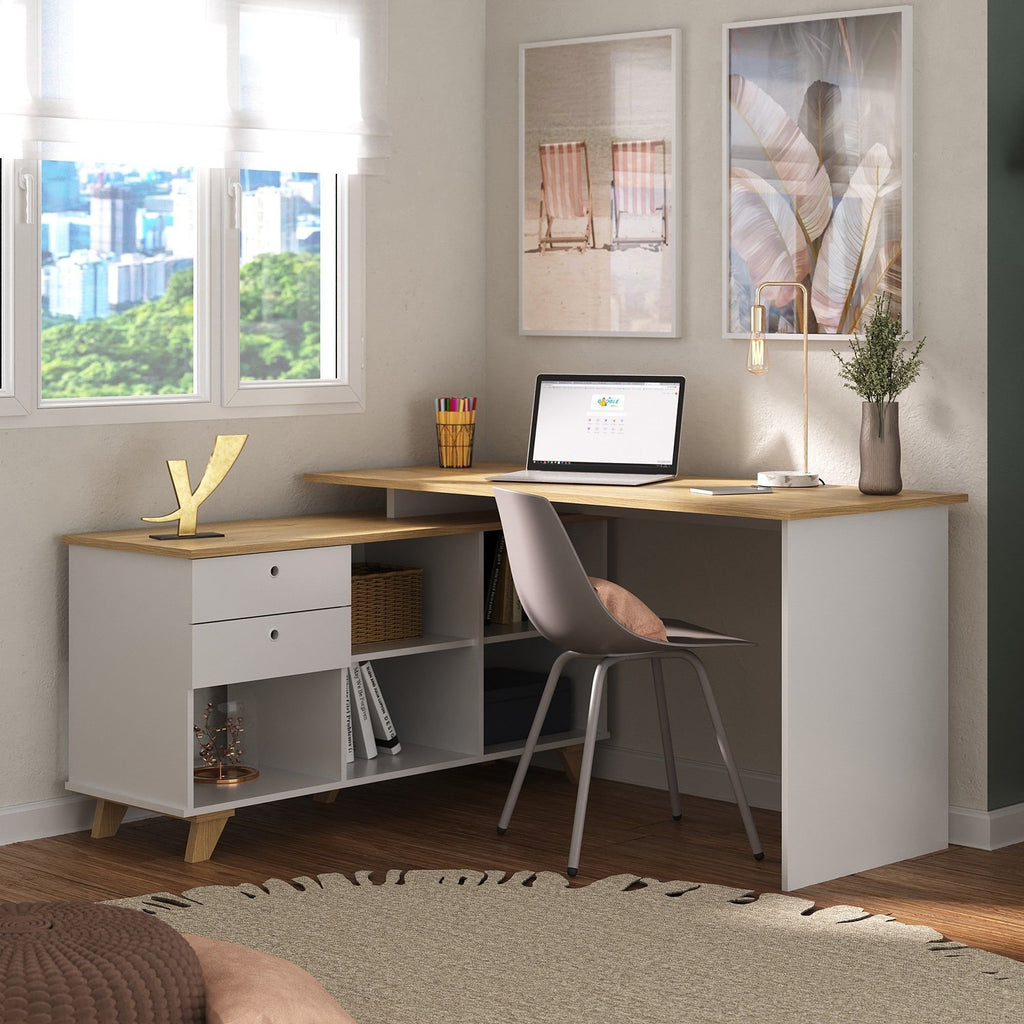 Escrivaninha Retrô em L Mesa Escritório e Home Office 2 Gavetas 5 Nichos 145cm Artany