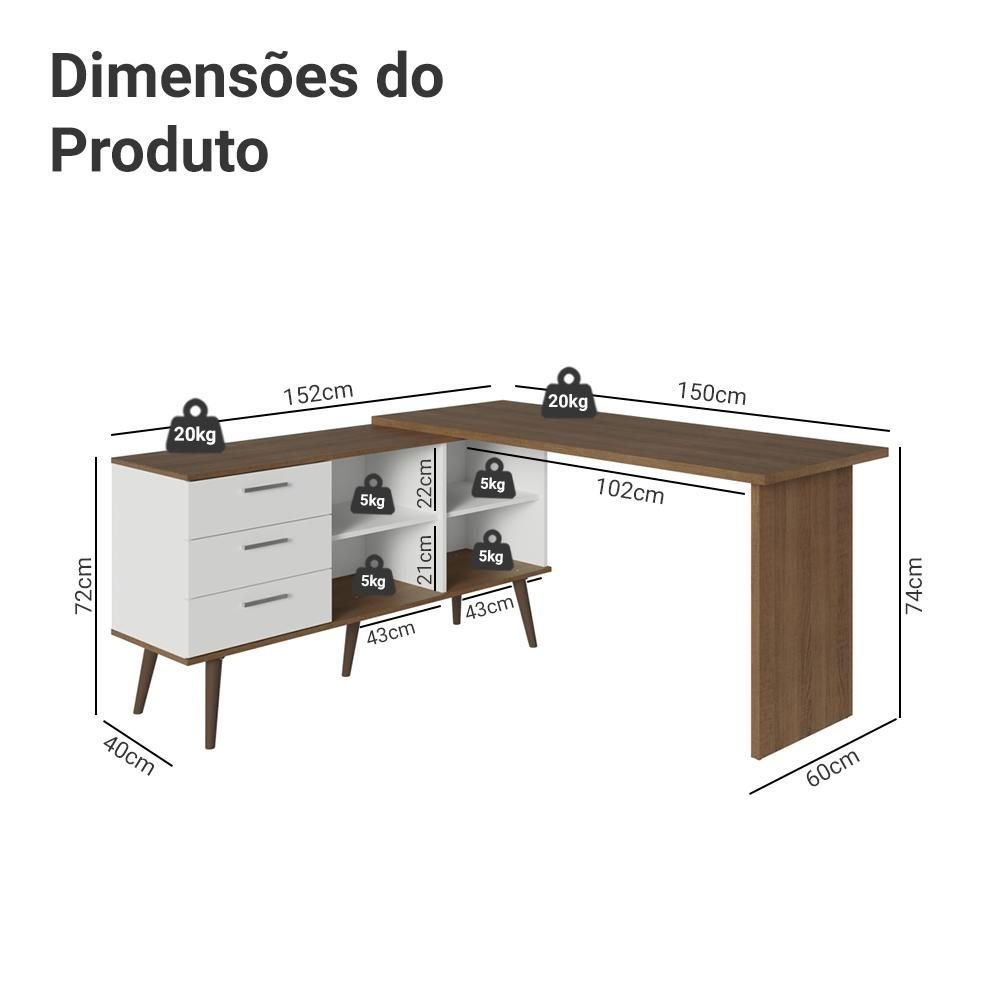 Escrivaninha em L Mesa Gamer 3 Gavetas Lisboa Madesa