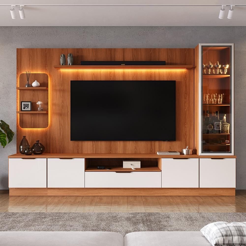 Estante Home Noble 270cm para TV até 75” com Cristaleira, Torre com LED e Portas Reflecta em MDP Movelove