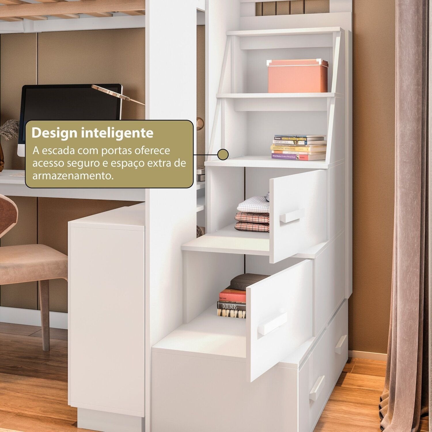 Cama Alta Beliche Office Adulto com Roupeiro e Escrivaninha Moon Yescasa Branco
