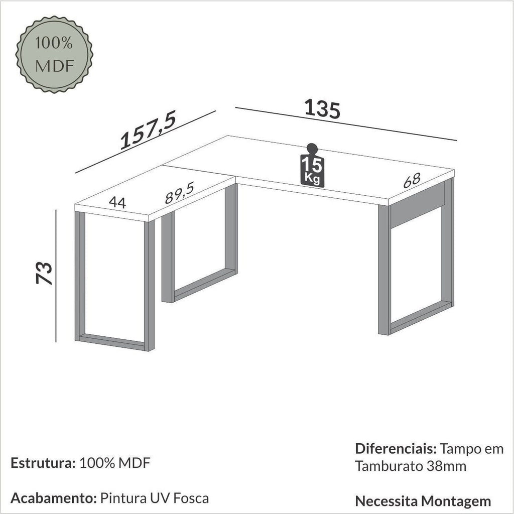 Escrivaninha Mesa Escritório Industrial 100% MDF 157,5cm Pradel