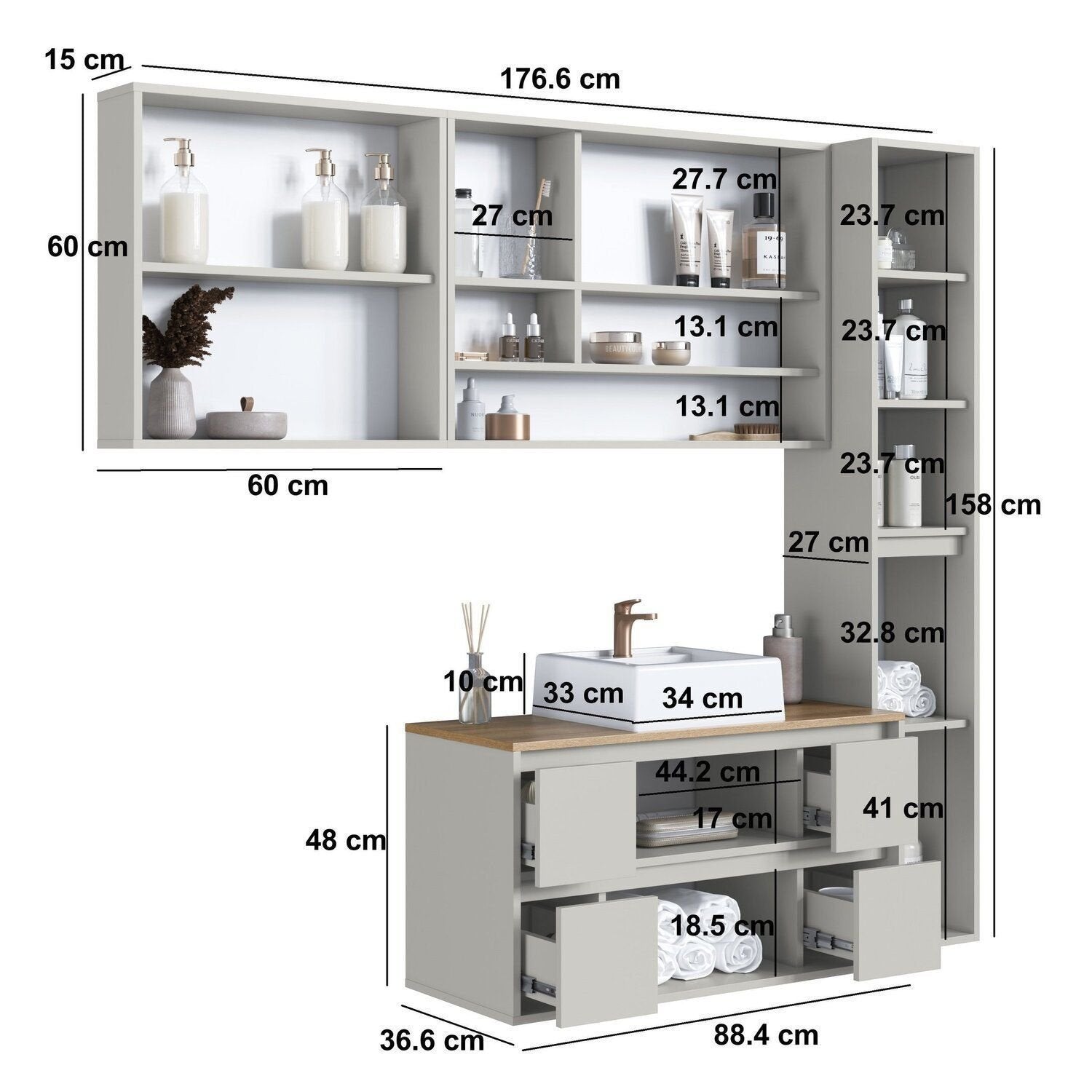 Conjunto para Banheiro Art in Móveis Berlin Modulado 176cm 4 Peças Cuba e Gabinete Suspenso Arenas