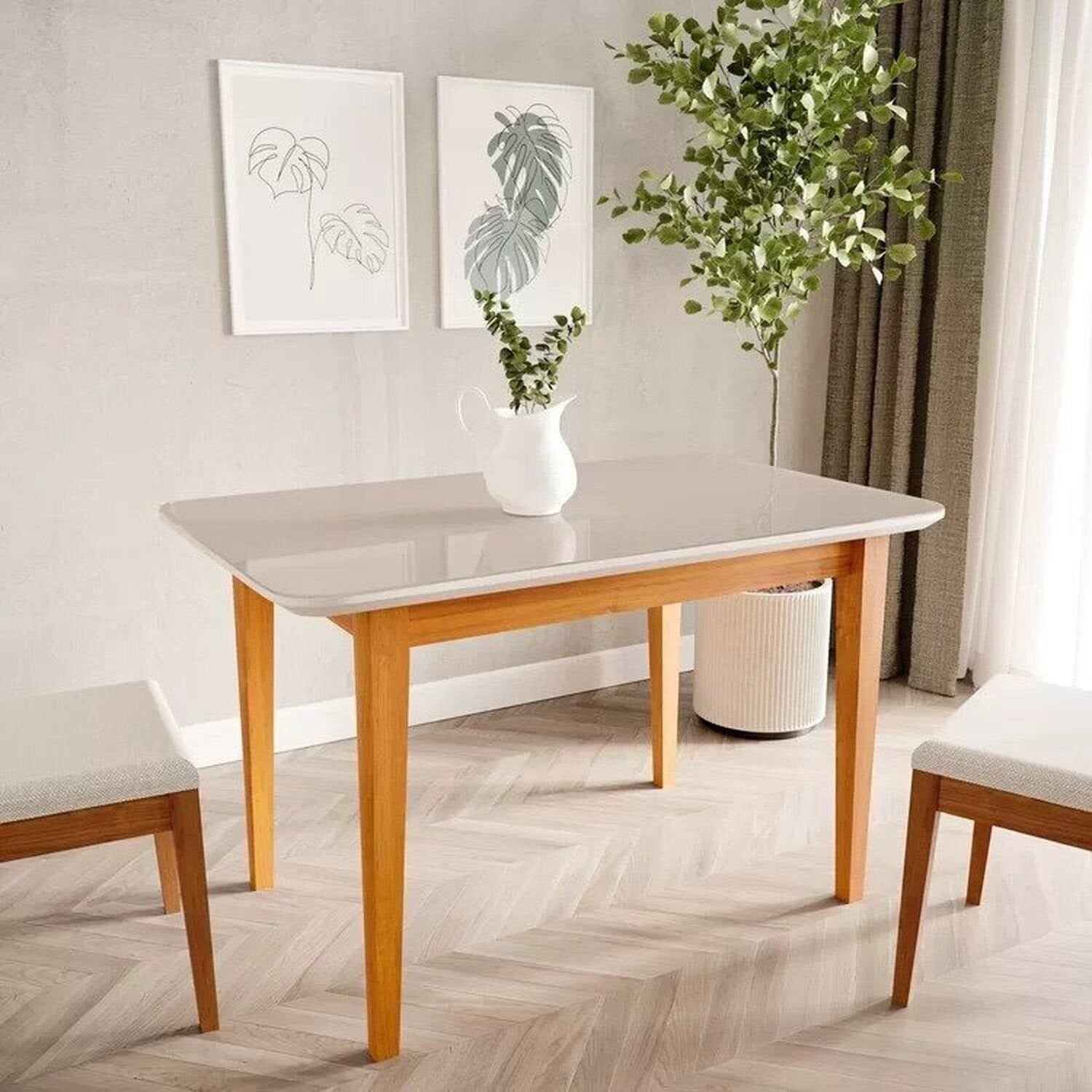 Conjunto Sala de Jantar Tangará Tiê Mesa com 4 Cadeiras Madeira Maciça Tampo MDF e Vidro CabeCasa MadeiraOriginals Bege/Cara