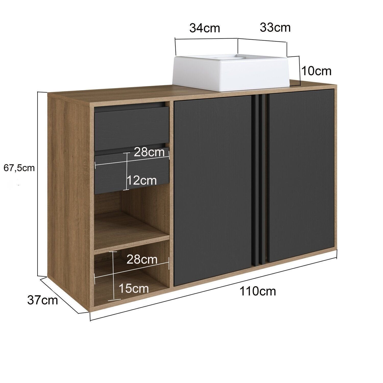 Conjunto para Banheiro Gabinete Suspenso com Cuba e Espelheira Antônia FAEMA 110cm Preto/Mel/Grafite