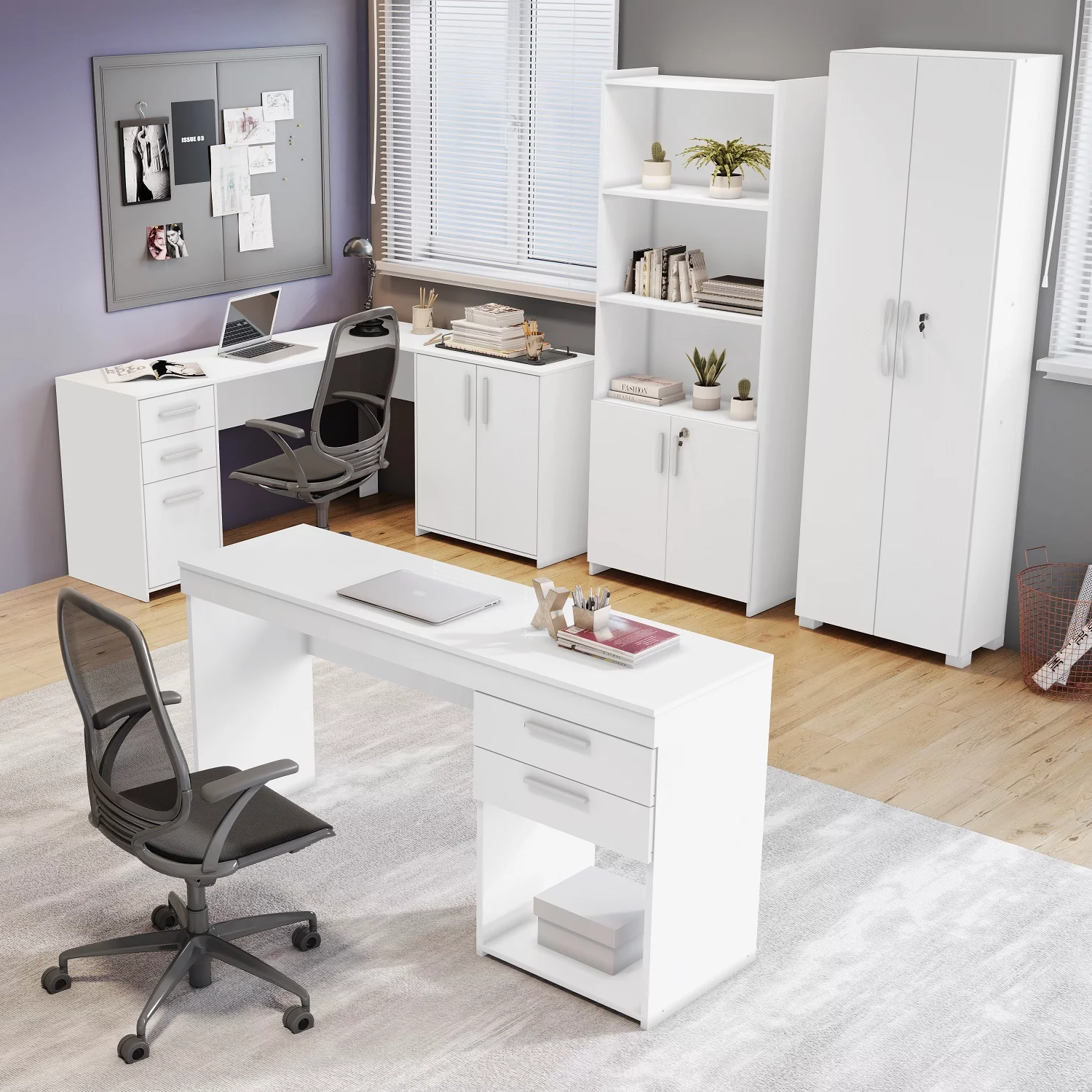 Escrivaninha Mesa Escritório em L Office NT2005 2 Gavetas 3 Portas 157cm Notável Móveis