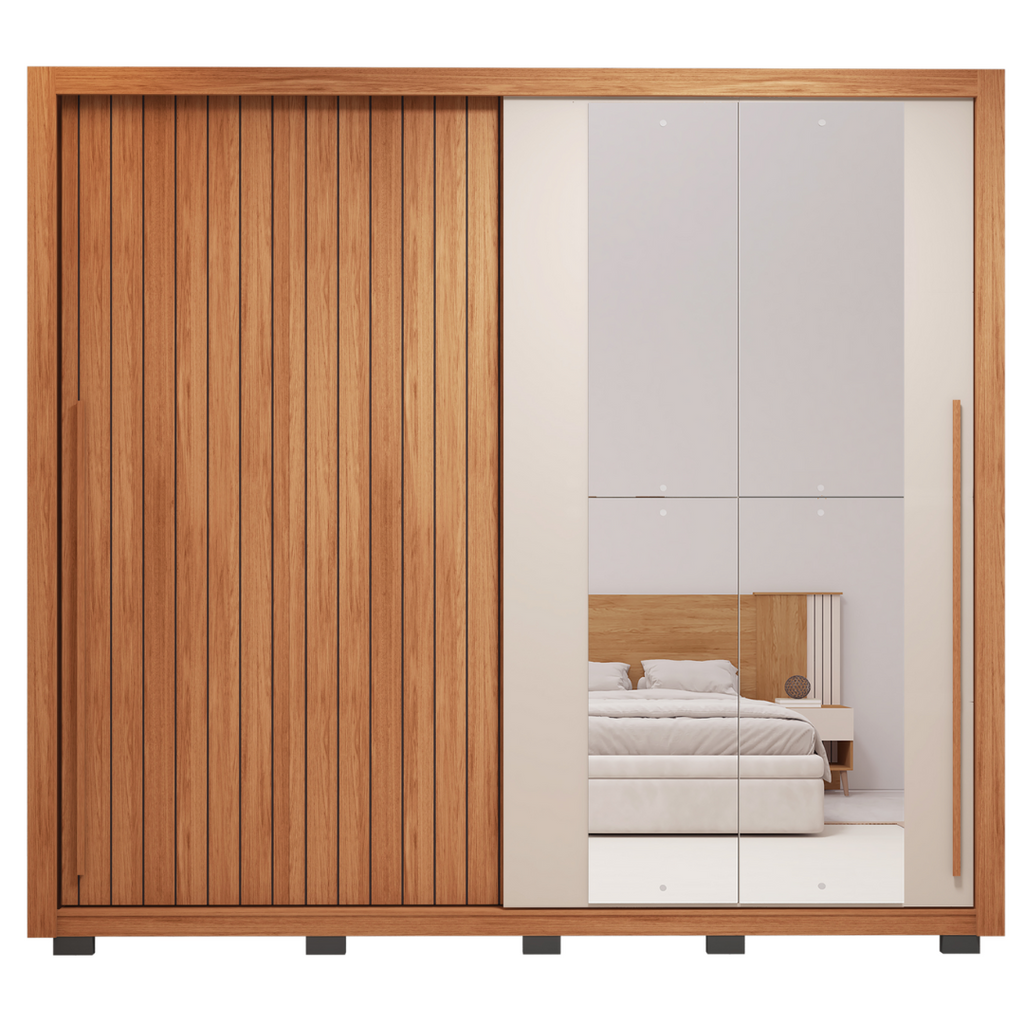 Guarda-Roupa Casal Ripado 2 Portas 4 Gavetas com Espelho Suburban Caemmun 100% MDP/MDF Freijó/Off White