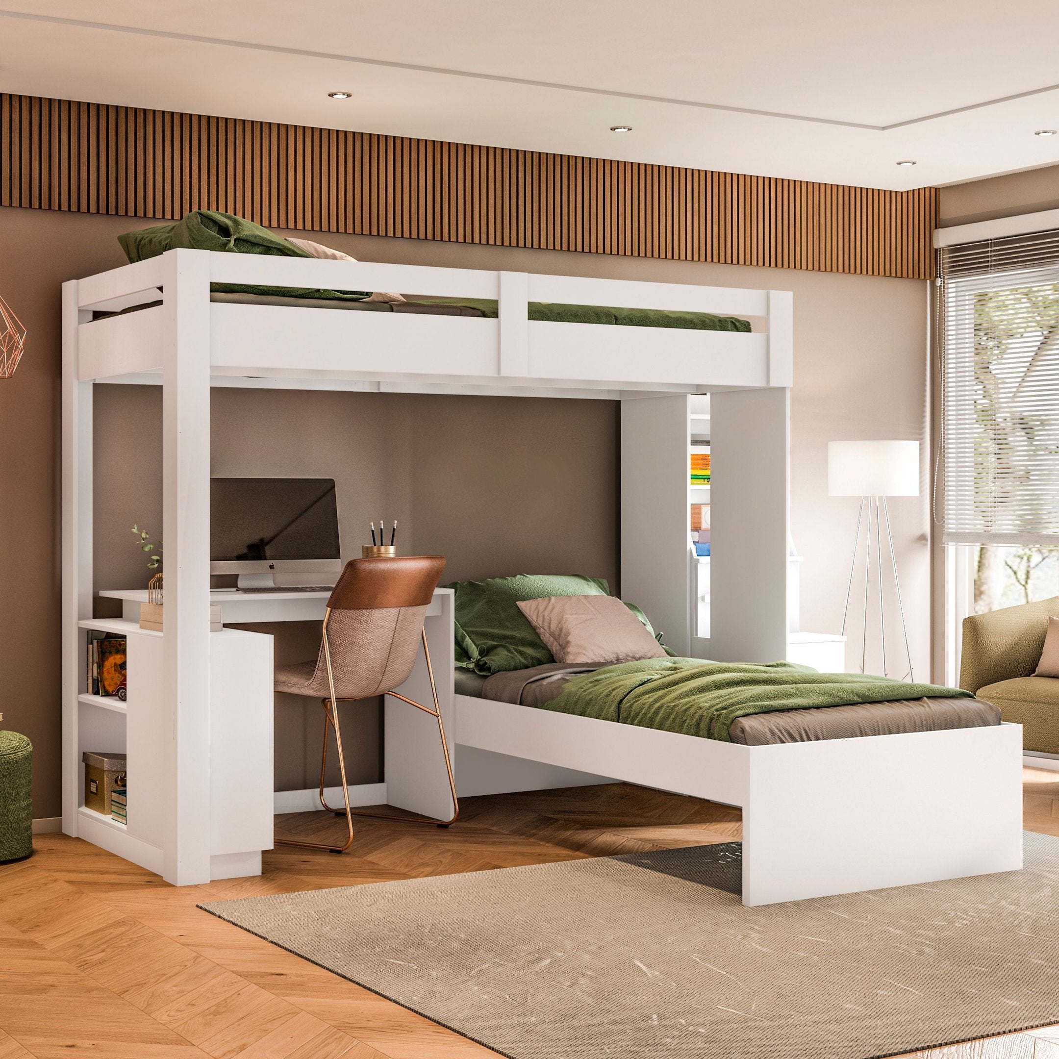 Beliche Office Adulto Moon com Escrivaninha em L Nichos e Escada 2 Portas e 2 Gavetas Yescasa Branco