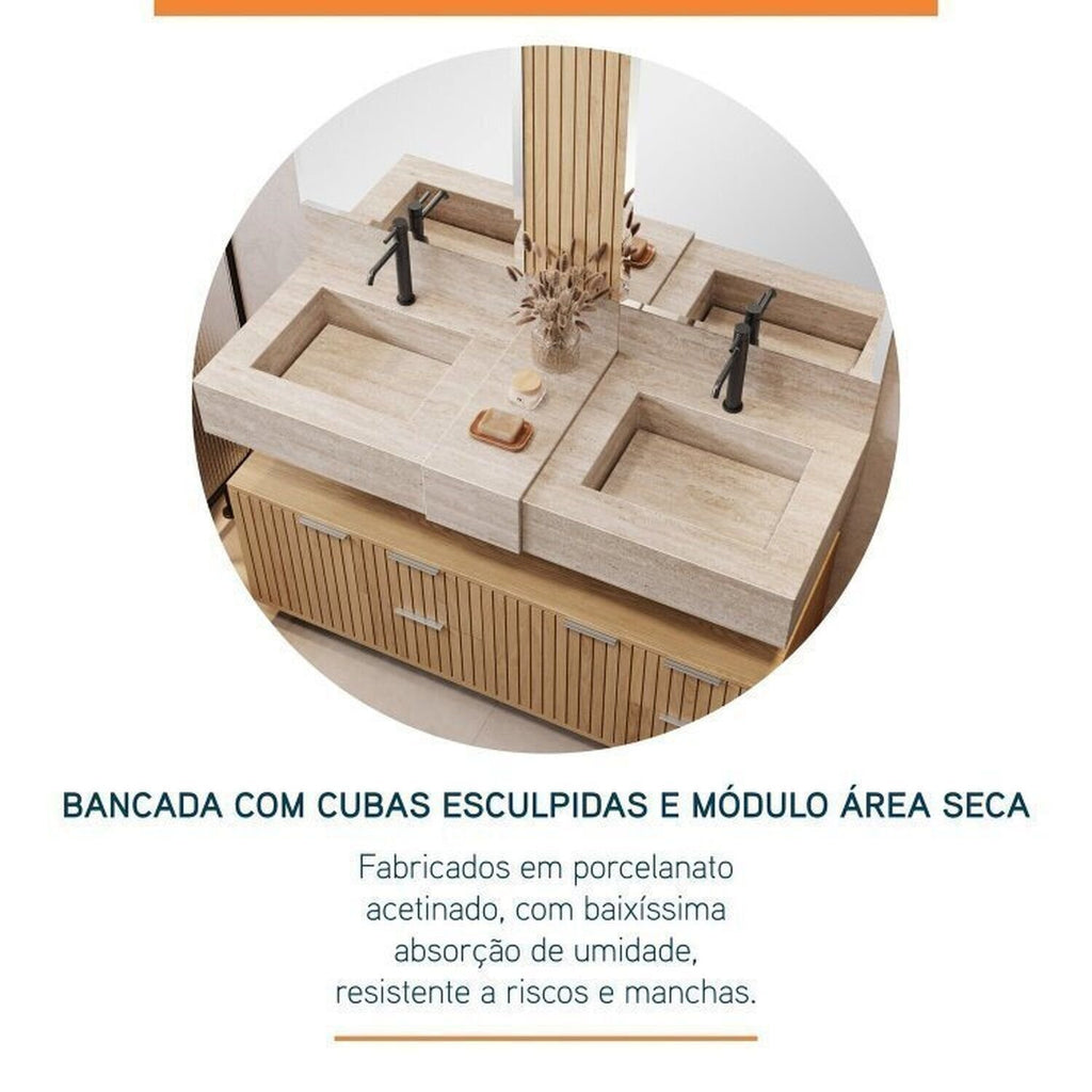 Conjunto para Banheiro Bancada em Porcelanato com Cuba Esculpida, Armário e Espelho Ripy Bumi 120cm Amarelo/Wood/Travertino