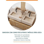 Conjunto para Banheiro Bancada em Porcelanato com Cuba Esculpida, Armário e Espelho Ripy Bumi 120cm Amarelo/Wood/Travertino