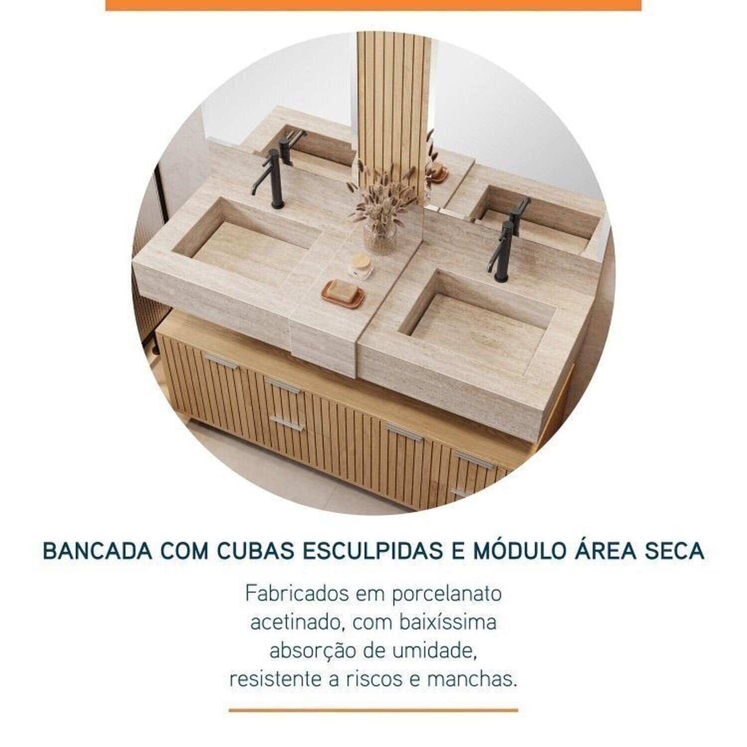 Conjunto para Banheiro Bancada em Porcelanato com Cuba Esculpida, Armário e Espelho Ripy Bumi 120cm Amarelo/Wood/Travertino