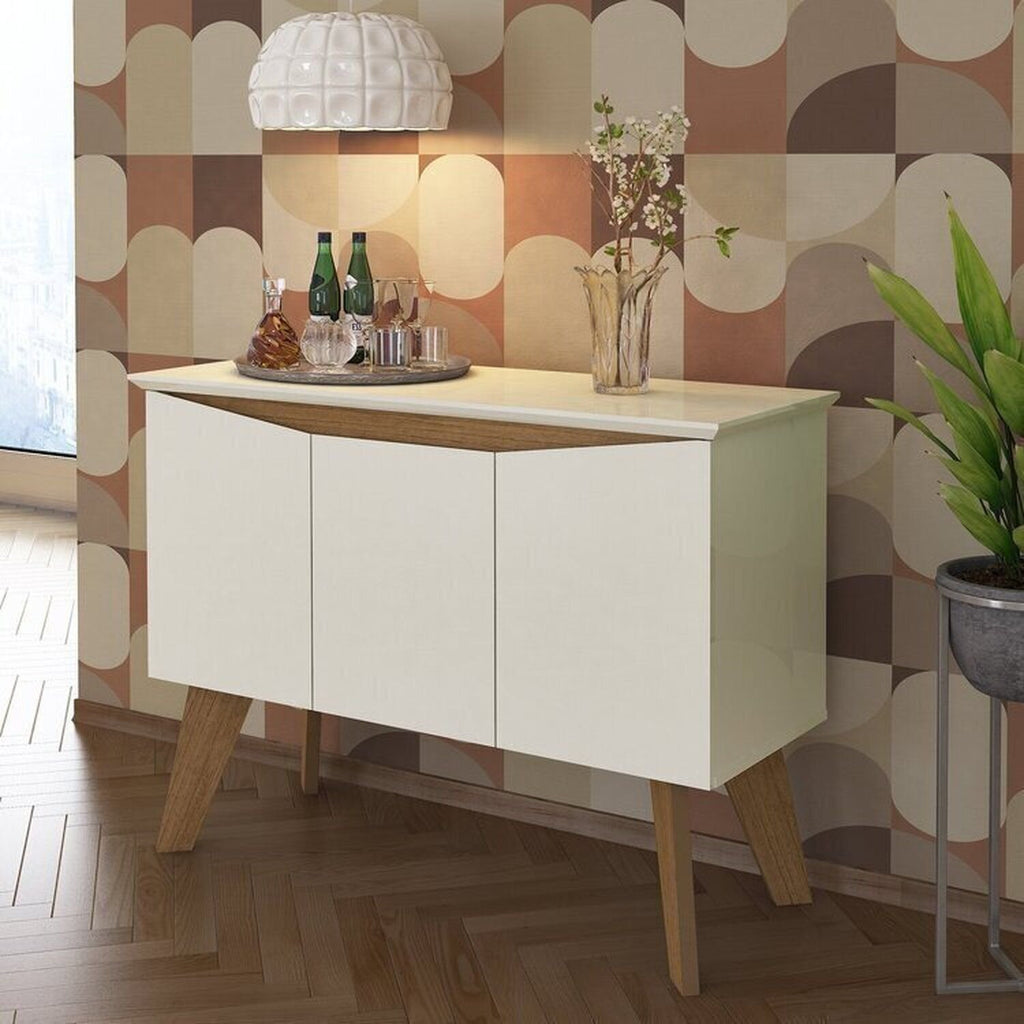 Conjunto Sala de Estar Completa Buffet Oásis e Rack Lumina Bege Off White/Cinamomo Artely