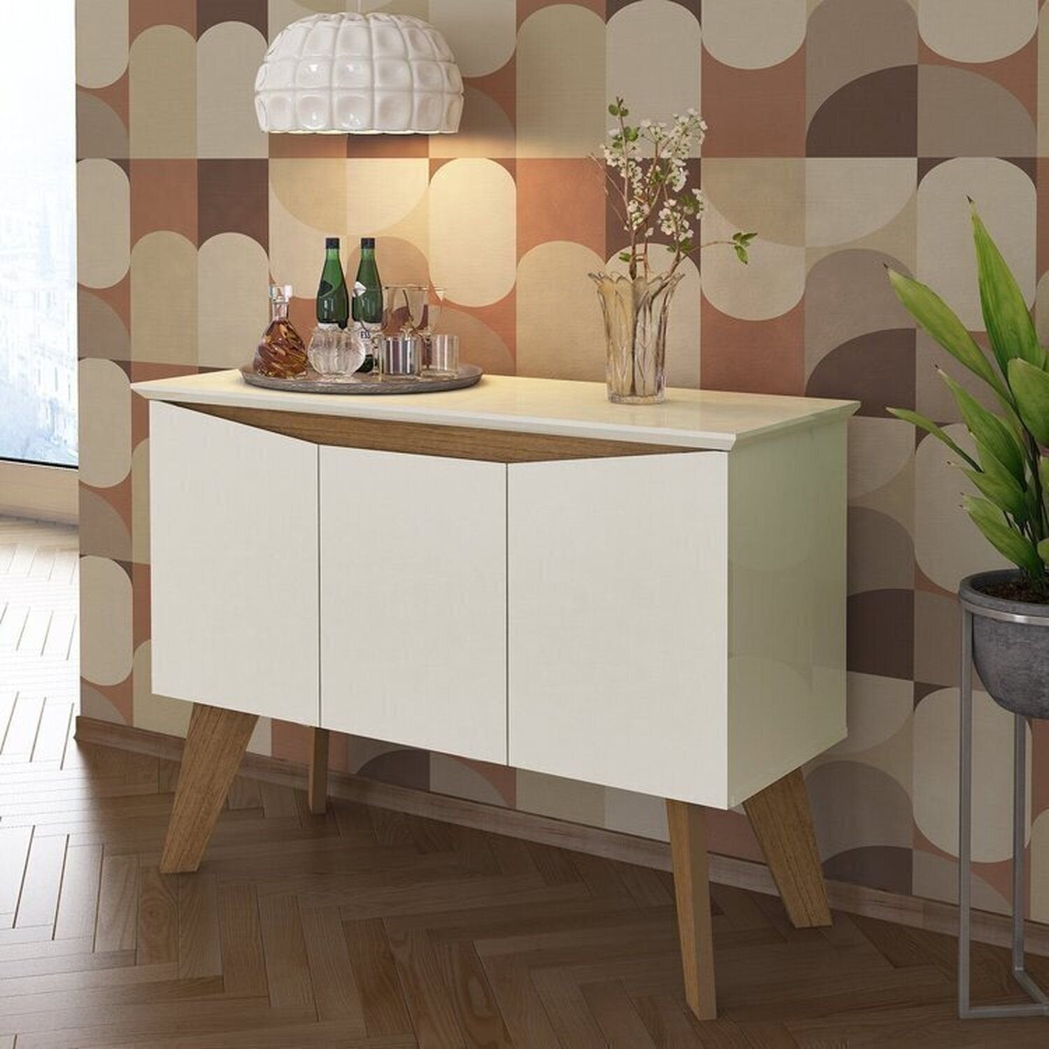 Conjunto Sala de Estar Completa Buffet Oásis e Rack Lumina Bege Off White/Cinamomo Artely
