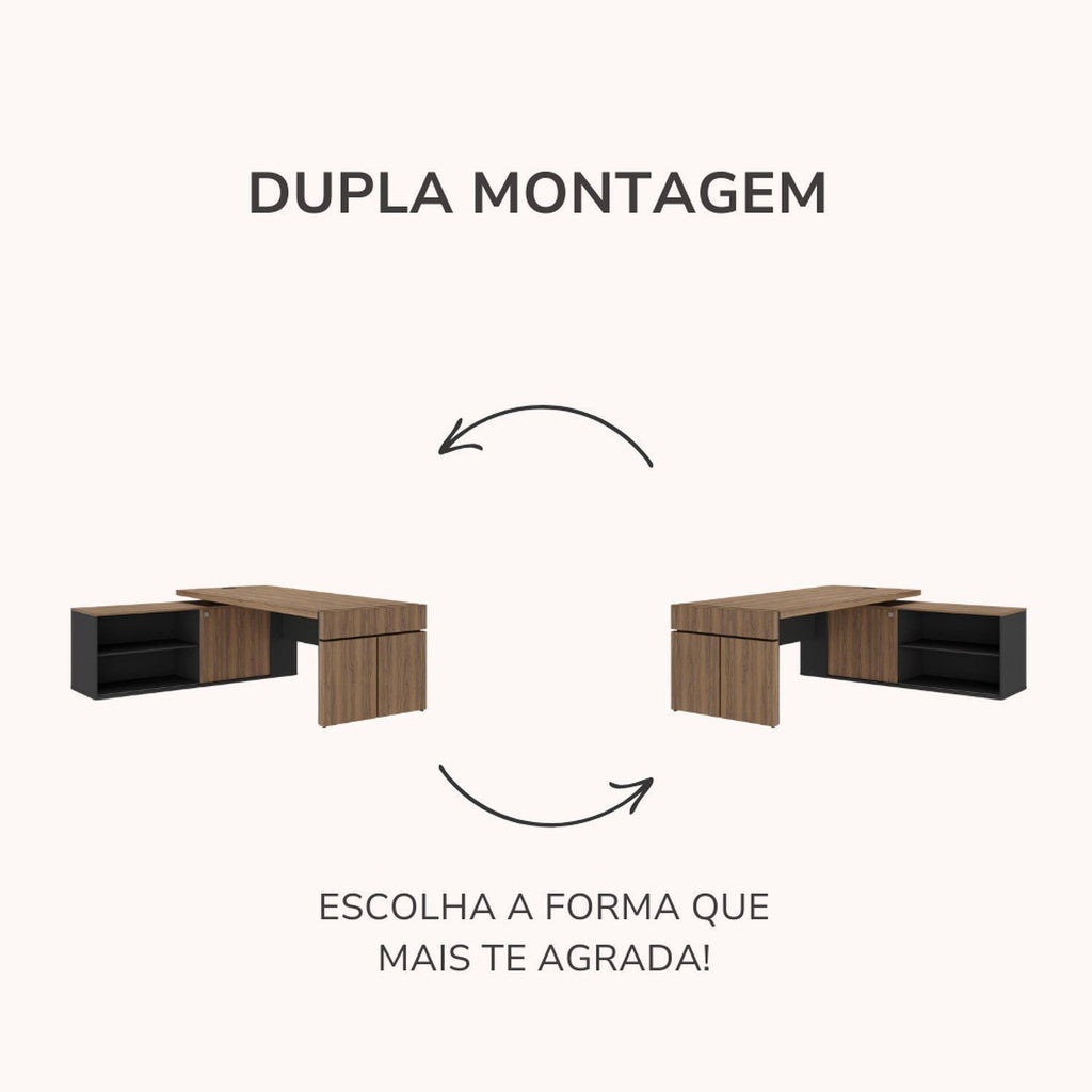 Escrivaninha Mesa Escritório em L com Caixa de Tomada Tamburato Estação Diretoria 202,5cm Marrom Artany