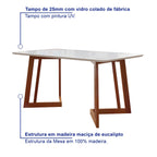 Conjunto Mesa com Vidro Pés Madeira Maciça 6 Cadeiras Madeira Dakota Tecido A40 Marrom Móveis Meneghetti