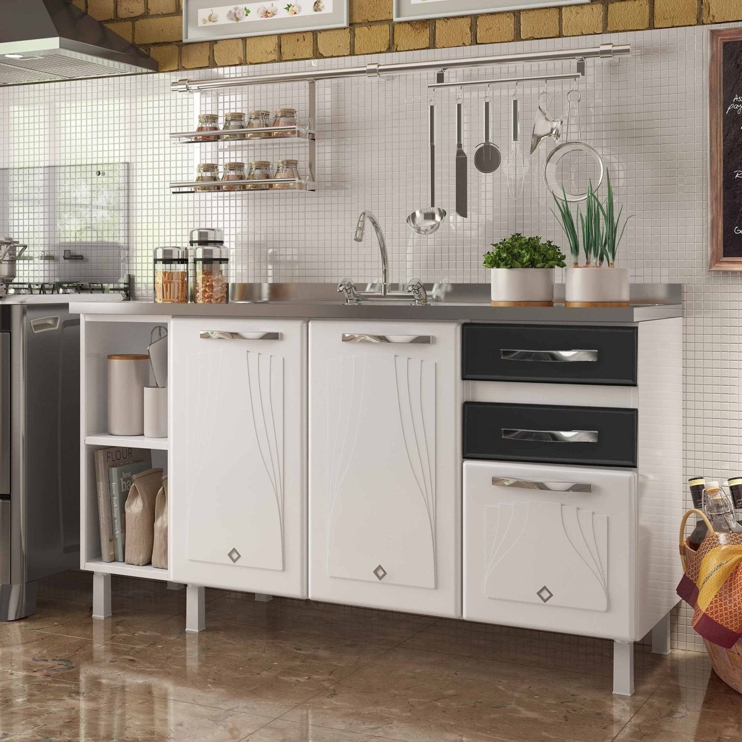 Balcão de Cozinha para Pia em Aço 2 Portas 2 Gavetas com Nichos 150cm Star New Telasul Branco