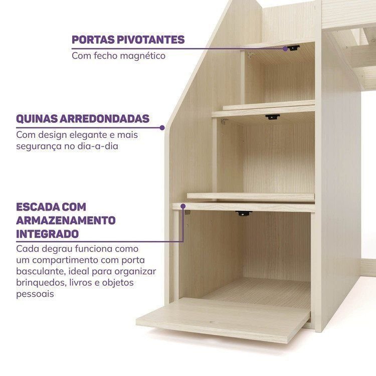 Quarto Infantil Completo Cama Elevada com Cômoda Escrivaninha Armário Artsy e Guarda-Roupa 4 Portas Curió Casatema MadeiraOriginals Natural