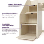 Quarto Infantil Completo Cama Elevada com Cômoda Escrivaninha Armário Artsy e Guarda-Roupa 4 Portas Curió Casatema MadeiraOriginals Natural