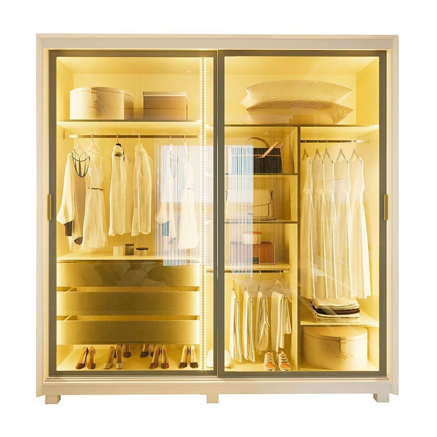 Guarda-Roupa Casal 2 Portas Reflecta com Pés e LED 100% MDF Platinum Gelius Móveis Bege/Off White