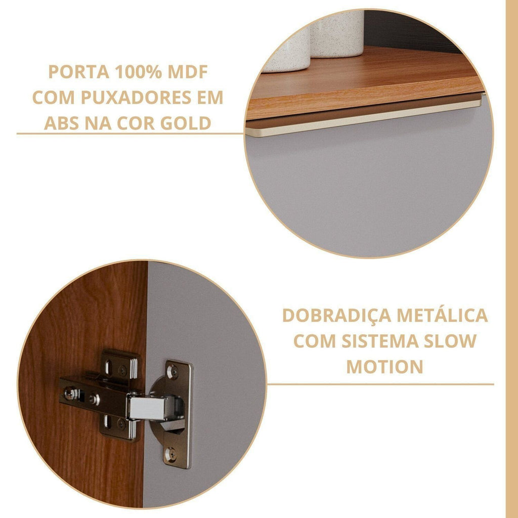 Cozinha Modulada 6 Peças Brilhante Cristaleira 2 Balcões 3 Armários Aéreos Bege/Cinamomo/Platina