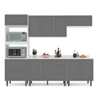 Cozinha Completa Pérola Yescasa 5 Peças Torre Quente Aéreo 3 Portas Balcão 2 Gavetas Basculante Cinza/Branco 270,2x219,4x52cm