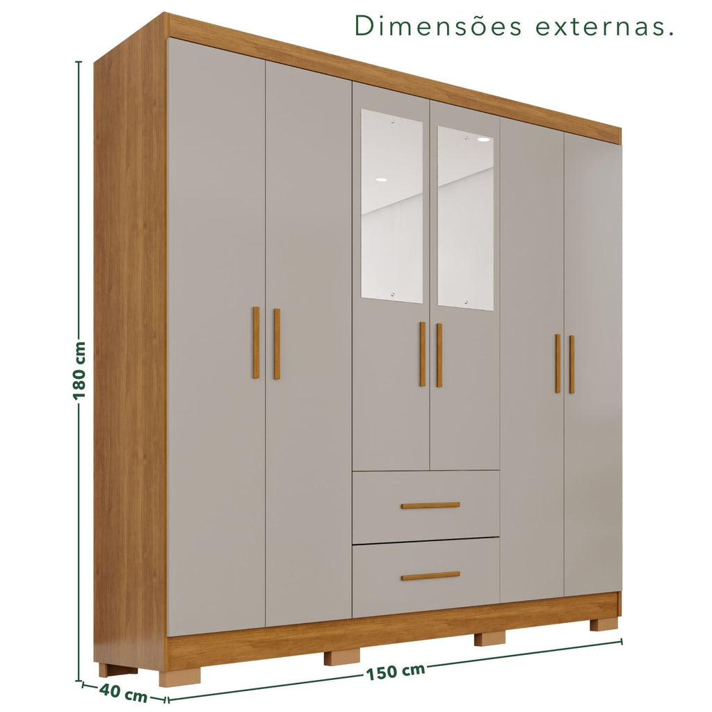 Guarda-Roupa Casal 6 Portas 2 Gavetas com Espelho Estrela Premium Sallêto Móveis 100% MDP Off White/Cinamomo