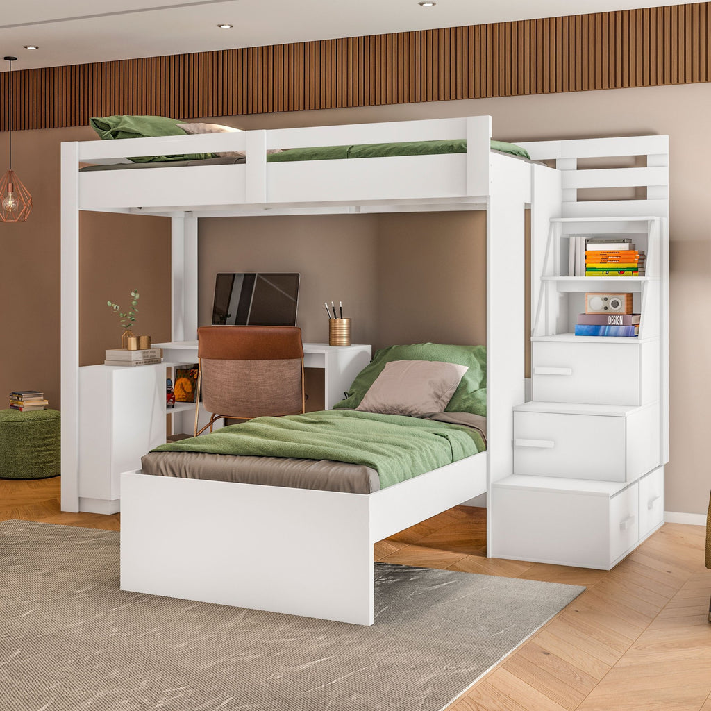 Beliche Office Adulto Moon com Escrivaninha em L Nichos e Escada 2 Portas e 2 Gavetas Yescasa Branco