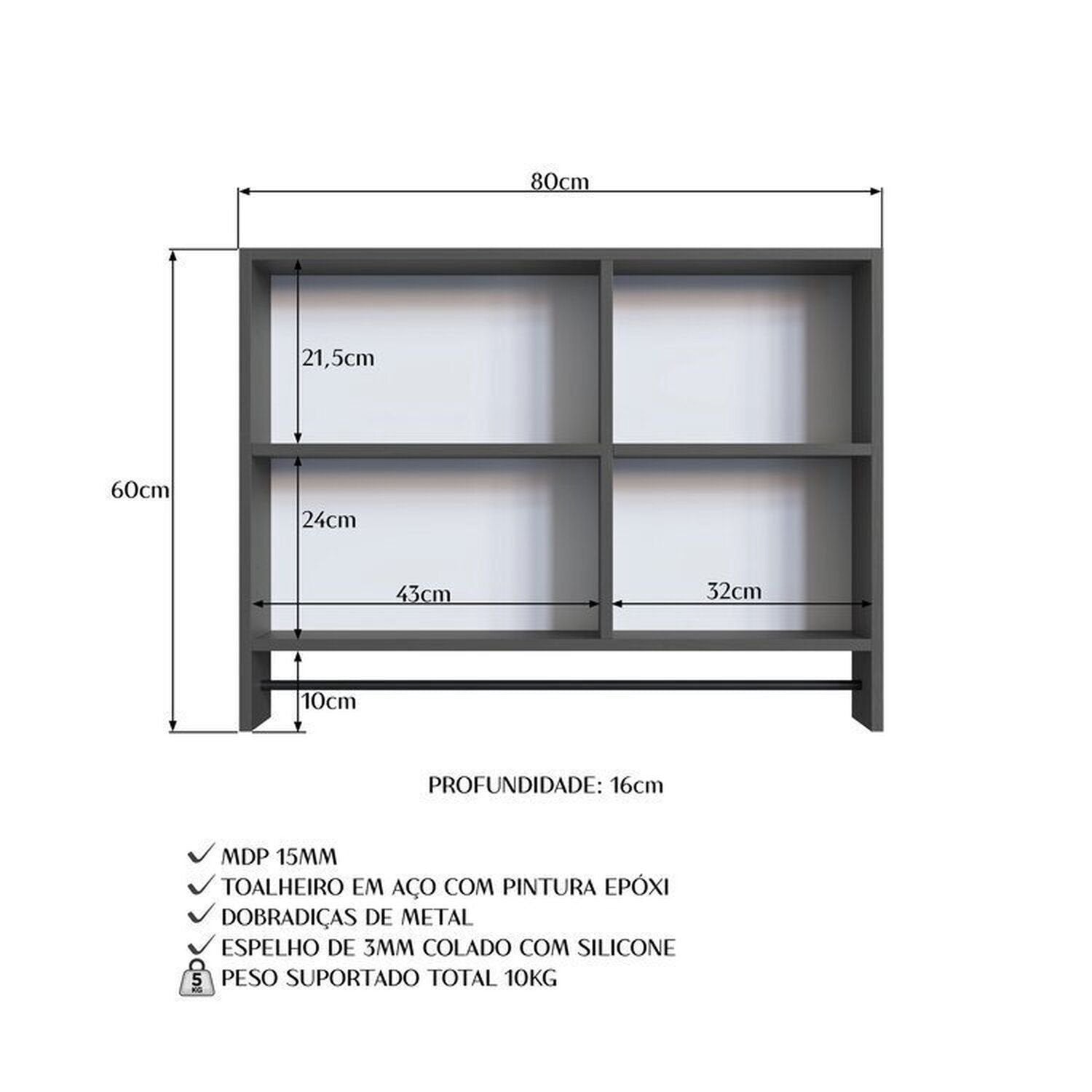 Conjunto para Banheiro Gabinete Suspenso com Cuba e Espelheira Prodecor CJ8050.20 60cm Preto/Mel/Grafite