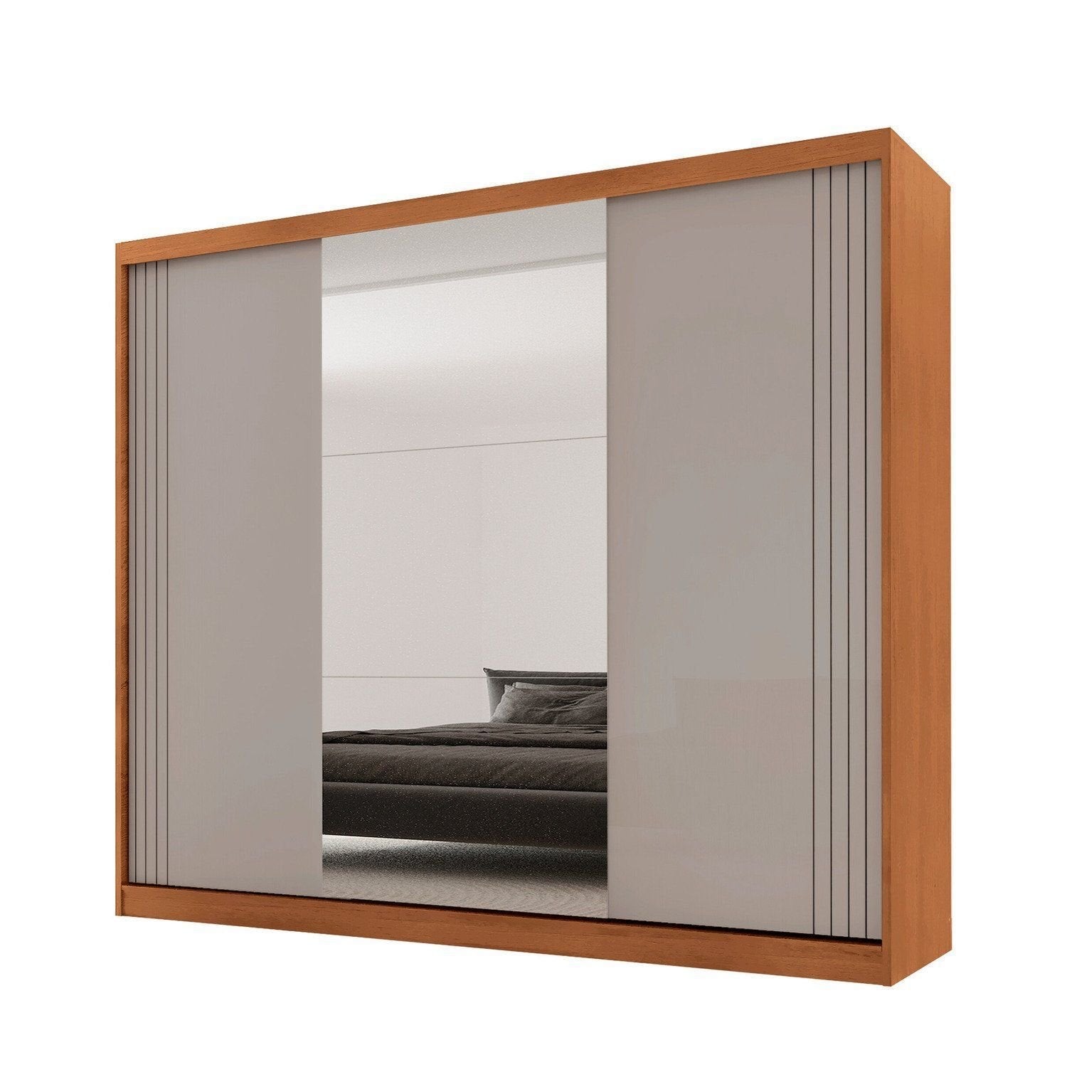 Guarda-Roupa Casal 100% MDF 3 Portas de Correr 4 Gavetas 6 Prateleiras com Espelho Chile Rufato Off White/Marrom