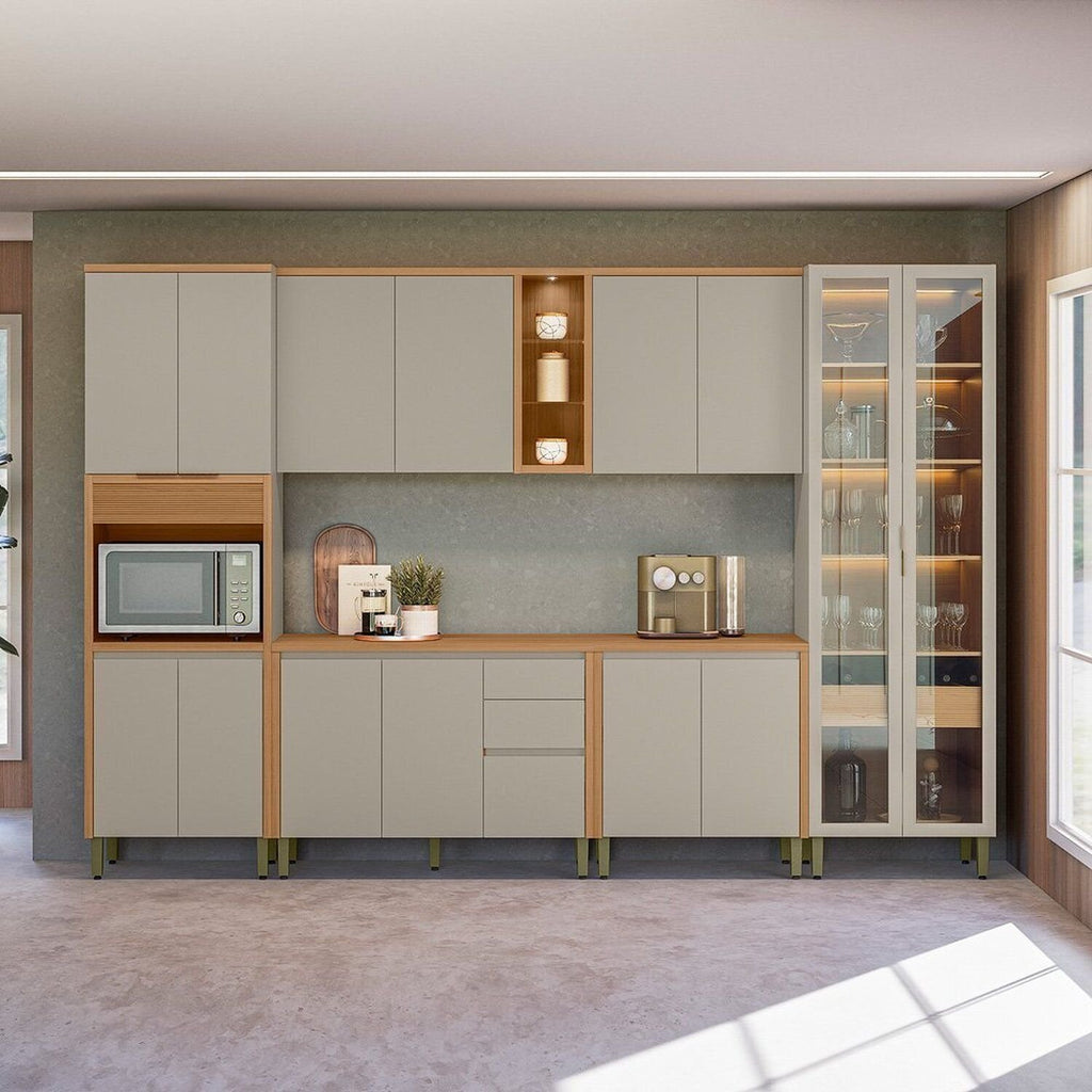 Cozinha Completa Modulada 6 Peças Torre Simples Cristaleira Allure Marrom/Jequitibá/Gris Fosco Linea Brasil