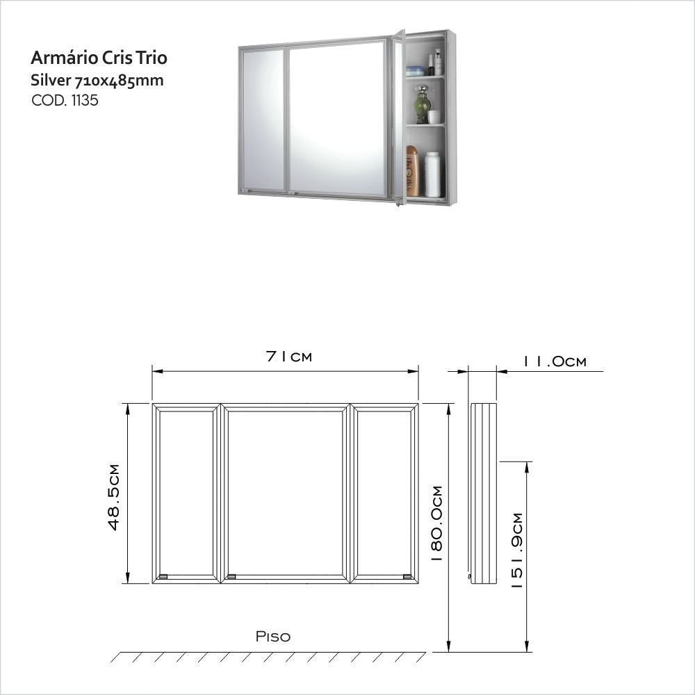 Espelheira para Banheiro Cris Metal Trio Silver 3 Portas 71cm x 48,5cm Prata