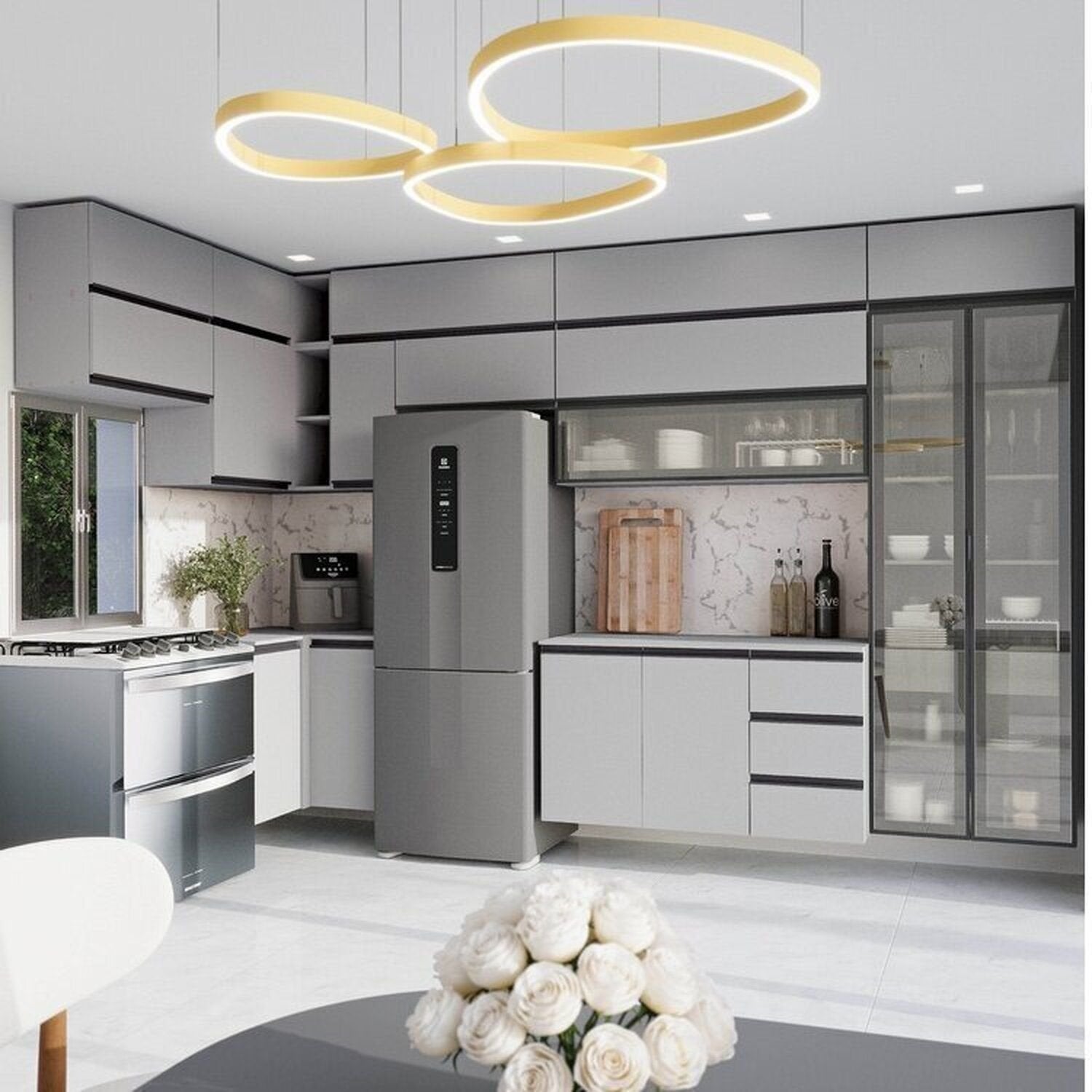 Cozinha Modulada Nara CabeCasa MadeiraOriginals 15 Peças 11 Aéreos 3 Balcões 1 Cristaleira Cinza