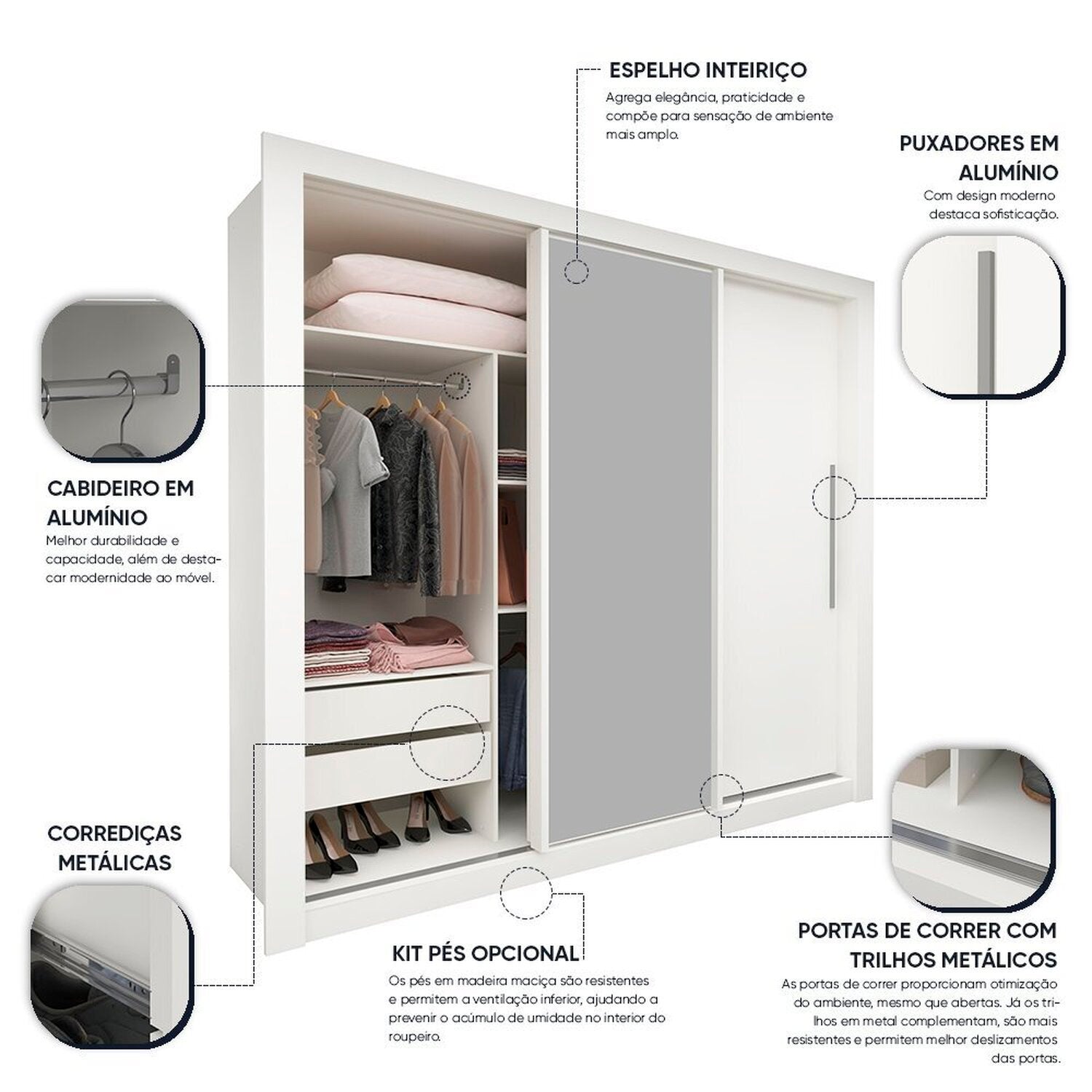 Guarda-Roupa Casal 3 Portas 1 Porta Espelhada Milão 100% MDF Yescasa Branco