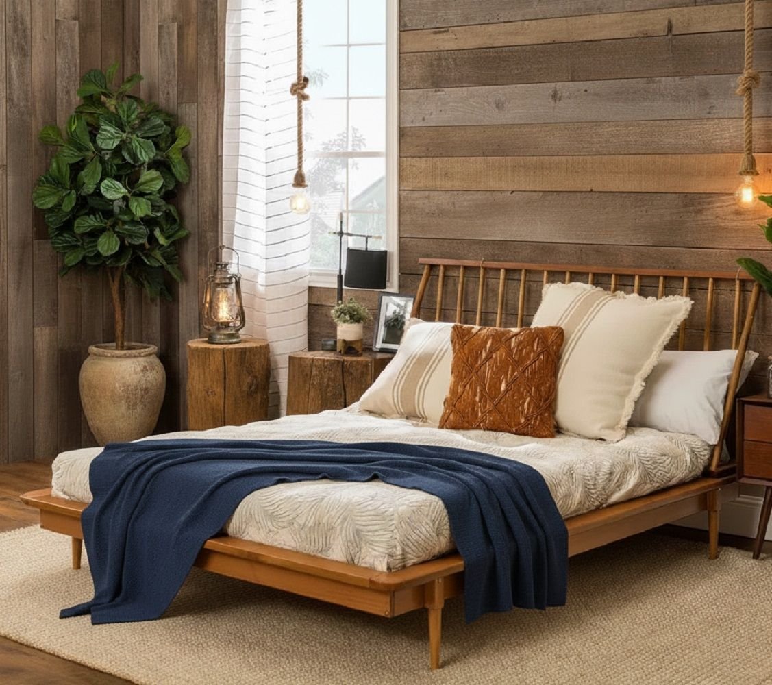 Cama de Casal Lunna Madeira Maciça Empório Paraíso Bege/Caramelo