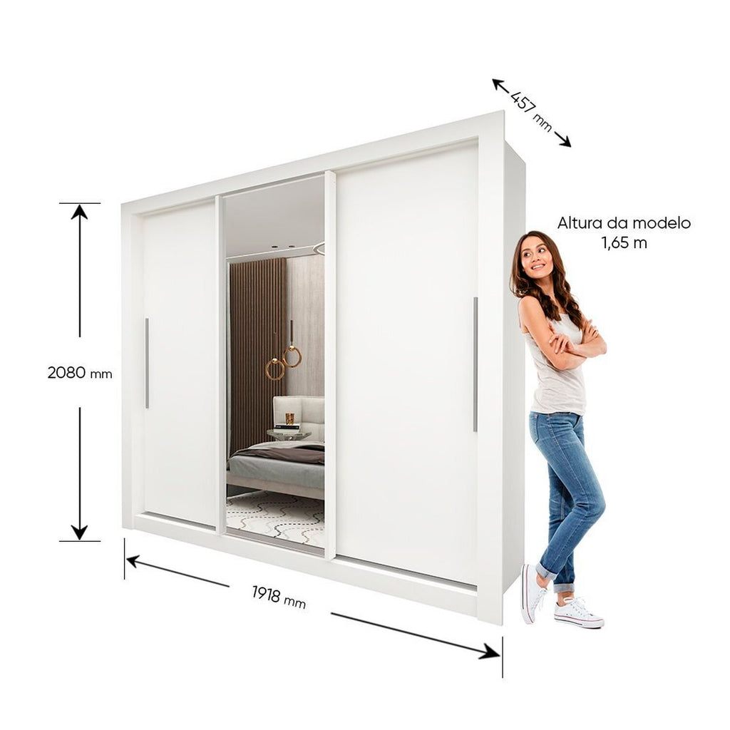 Guarda-Roupa Casal 3 Portas 1 Porta Espelhada Milão Yescasa 100% MDF Branco
