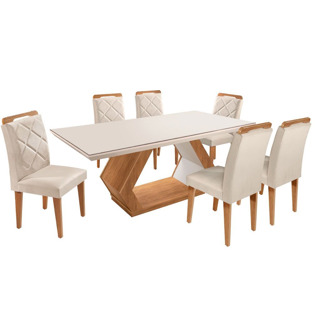 Conjunto Sala de Jantar Mesa Retangular Tampo Vidro/MDF Alvorada 180x90 com 6 Cadeiras Melissa Rufato