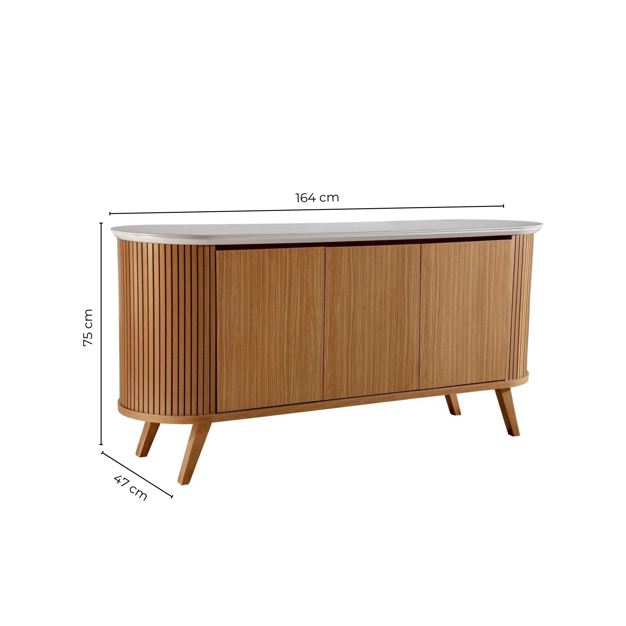 Buffet Aparador 3 Portas Ripado com Vidro e Pés Madeira Maciça 164cm Luna LJ Móveis Castanho Cinamomo/Off White