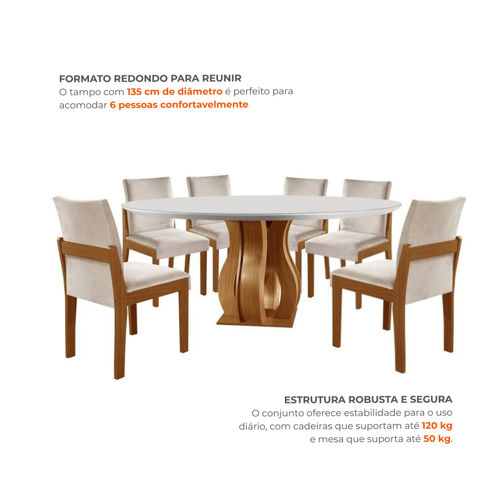 Conjunto Sala de Jantar Mesa Redonda com 6 Cadeiras Mônaco Nuance Yescasa Cinamomo/Creme/Off White