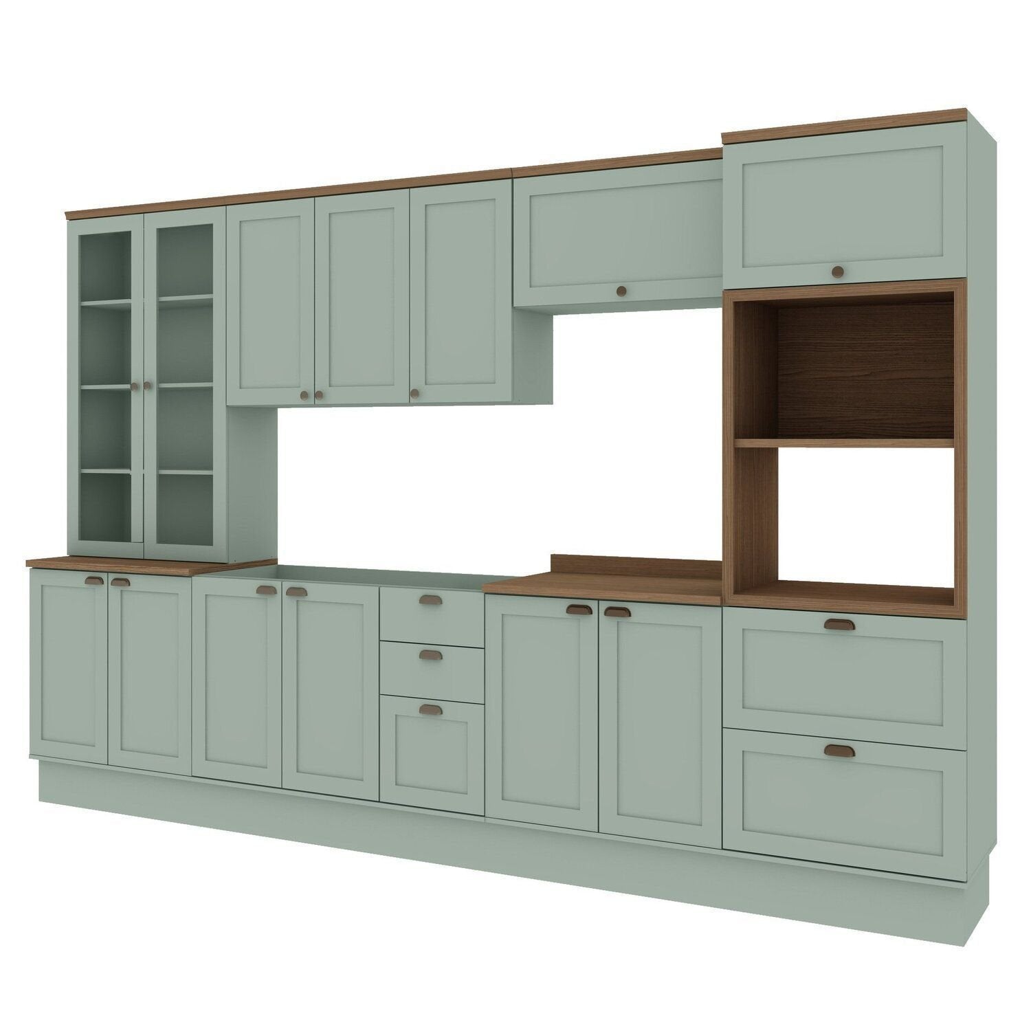 Cozinha Completa Modulada 6 Peças 100% MDF Cristaleira Torre Quente Balcão Pia Mint/Ébano Genialflex Iluminata