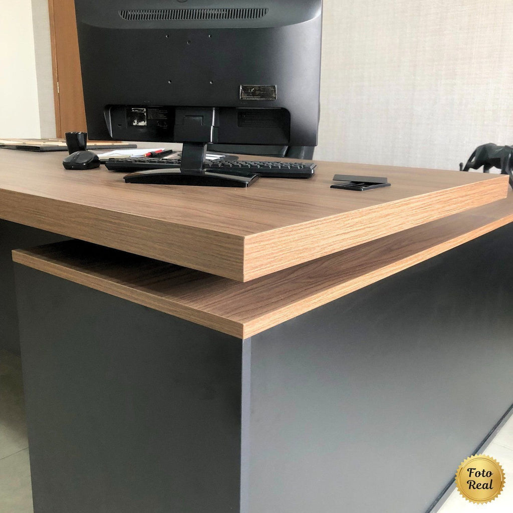 Escrivaninha Mesa Escritório em L com Caixa de Tomada Tamburato Estação Diretoria 202,5cm Marrom Artany