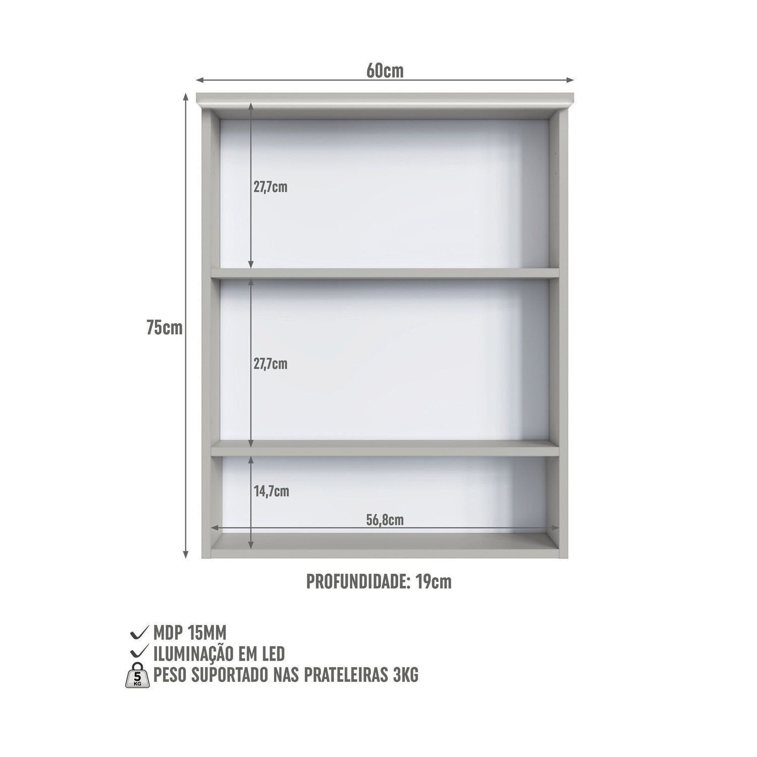 Armário Espelheira para Banheiro Prodecor 2 Portas com LED 60cm Bege/Arenas