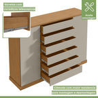 Cômoda 2 Portas 7 Gavetas com Chave e Prateleiras Vedra Móveis Lopas Amêndoa Clean/Off White