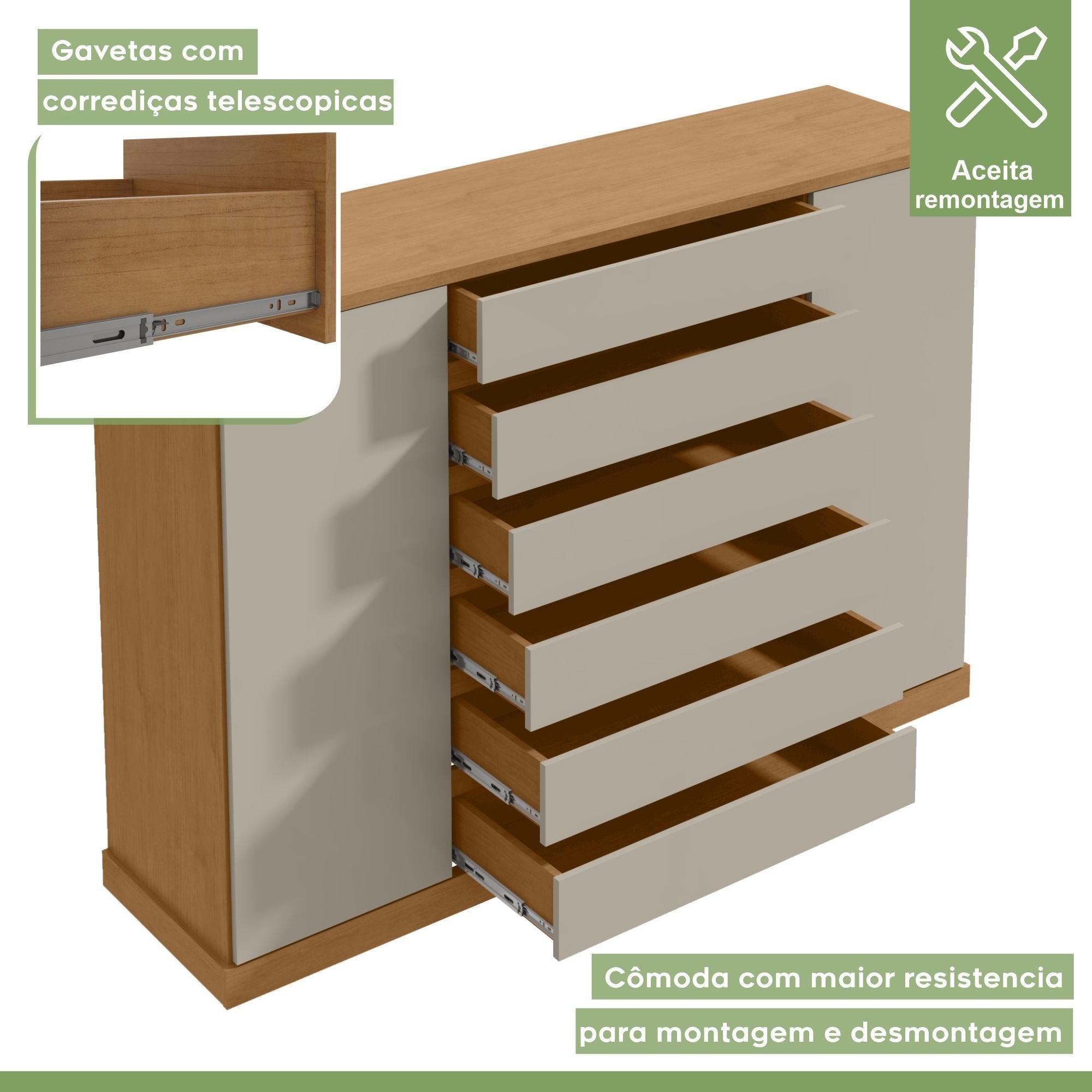 Cômoda 2 Portas 7 Gavetas com Chave e Prateleiras Vedra Móveis Lopas Amêndoa Clean/Off White