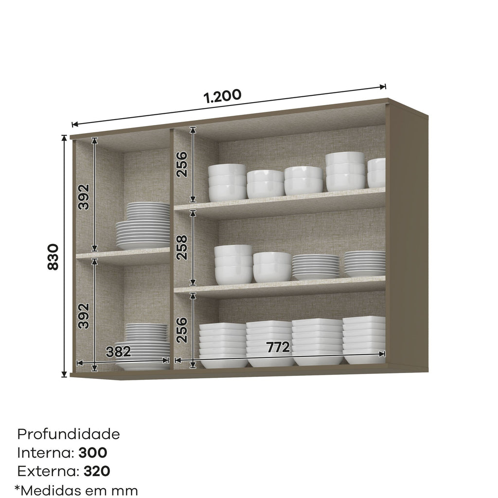 Armário Aéreo 3 Portas com Vidro Connect Henn Cinza 120cm
