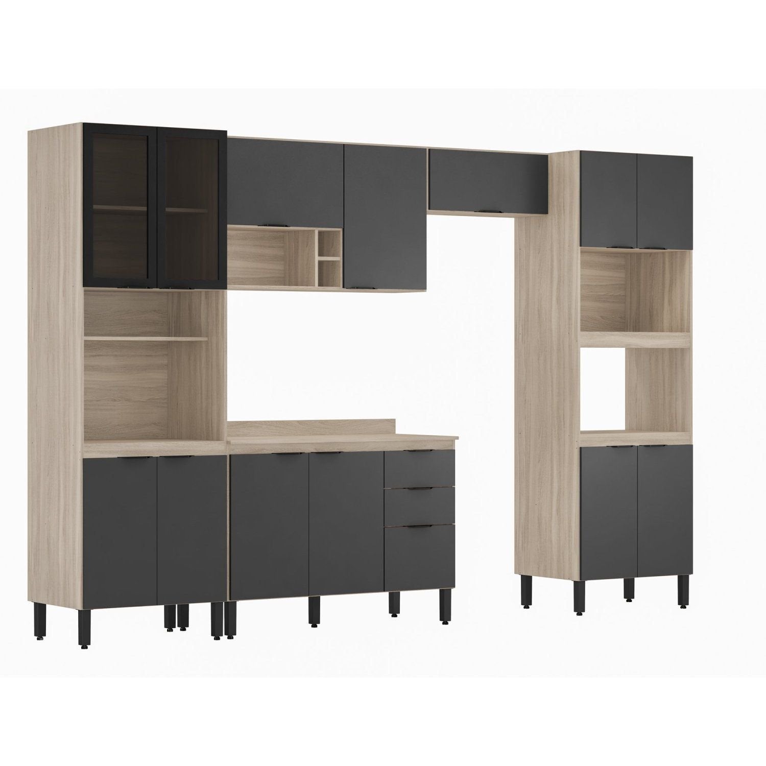 Cozinha Completa Modulada Firenze 05 Peças 14 Portas 2 Gavetas Demóbile Cinza/Avena/Grafito 330x219x52cm