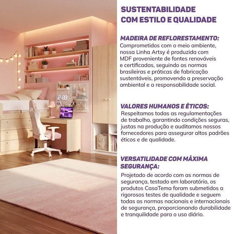 Quarto Infantil Completo Cama Elevada com Cômoda Escrivaninha Armário Artsy e Guarda-Roupa 4 Portas Curió Casatema MadeiraOriginals Natural