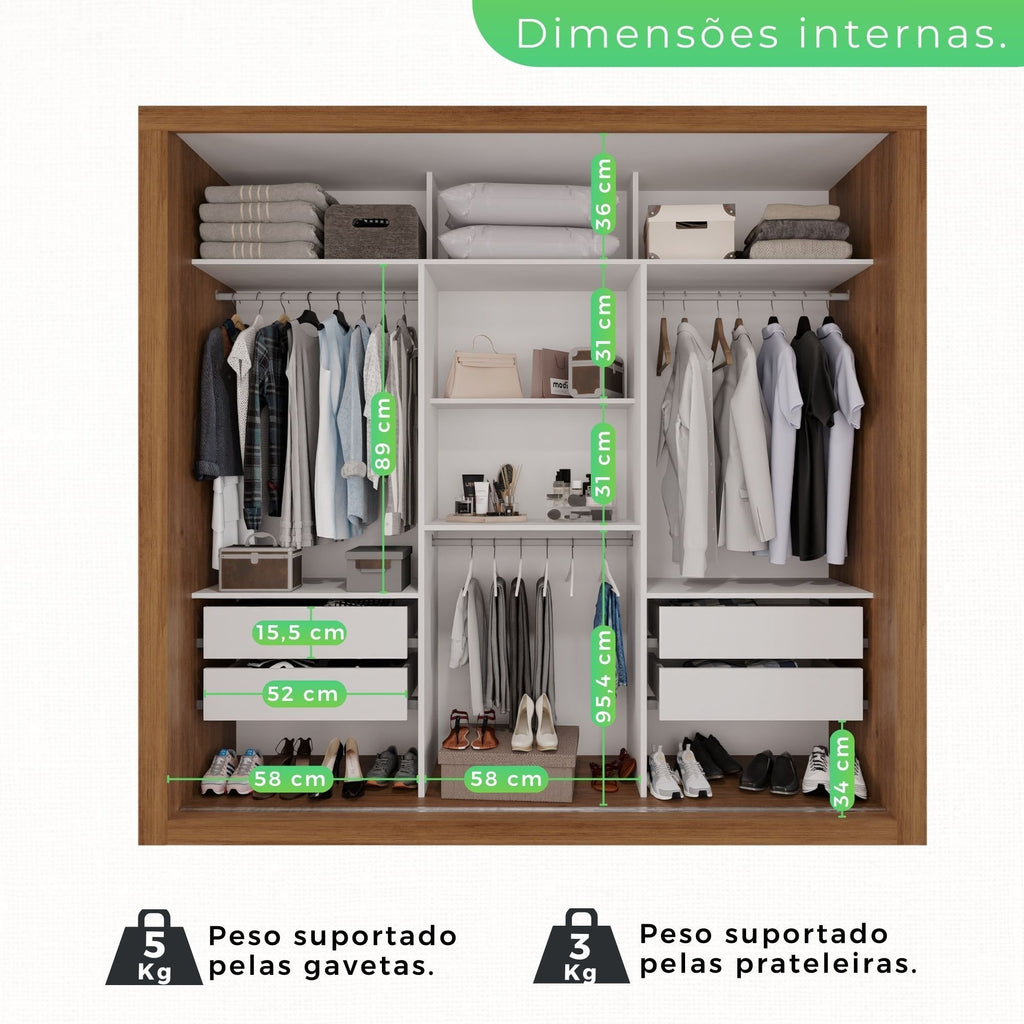 Guarda-Roupa Casal 3 Portas com Espelho 4 Gavetas Costa Rica Sallêto Móveis MDF/MDP Cinamomo/Off-White